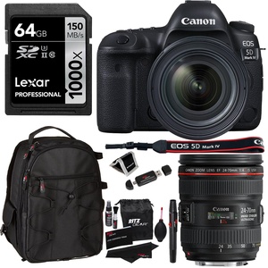 Canon EOS 5D Mark IV Full Frame DSLR Camera Video Kit + EF 24-70mm f/4L IS USM Lens, Lexar 64GB, Ritz Gear Bag, Cleaning Kit and Accessory Bundle