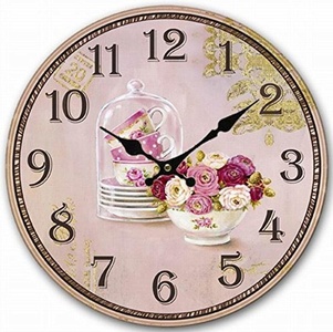 Retro Vintage Style Large Clock Purple Rose Flower Cup Vase Home Decorative Wall Clock Wood