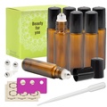 Mavogel 8-Piece 10ml Amber Glass Roll on Bottle Kit Bundle with 3-Piece Stainless Steel Roller Ball, 12-Piece Label, Essential Oil Opener and 3ml Dropper